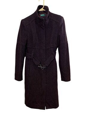United Colors Of Benetton Dark Brown Herringbone Wool Blend Belted Winter Coat